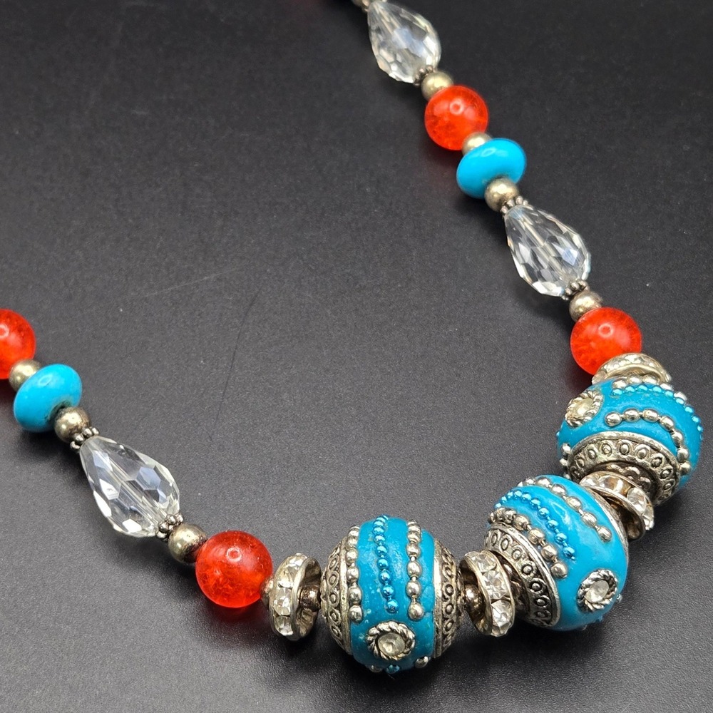 Indonesian Clay Beaded Necklace Crystal Teal Stone Orange Glass Silver Tone